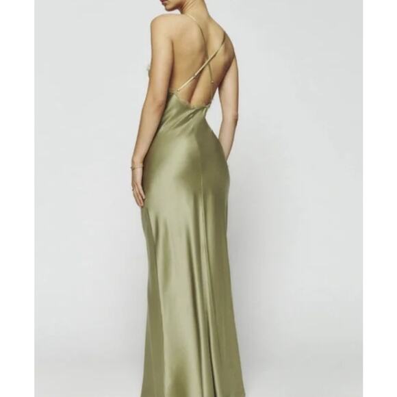 NWT Reformation Maysen Silk Formal Maxi Dress Olive Oil Green - Picture 1 of 10